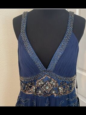 SUE WONG Navy Beaded V-Neck Prom Gown